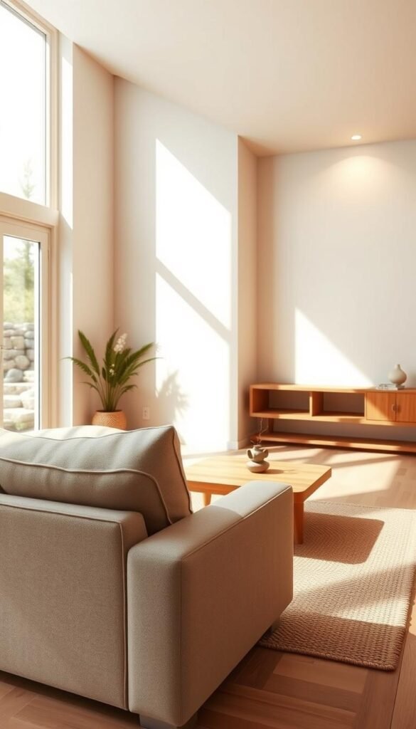 A sunlit, minimalist living room with clean lines and natural materials. In the foreground, a plush, neutral-toned sofa anchors the space, its simple form accentuated by soft, woven textures. On the middle ground, a low, wooden coffee table stands atop a woven area rug, complementing the organic palette. The background features a large, unobstructed window, allowing ample natural light to flood the room and highlighting the earthy, calming ambiance. Warm, diffused lighting emanates from subtle, recessed fixtures, creating a serene, soothing atmosphere. The overall composition emphasizes the tranquil, uncluttered aesthetic of "less is more" living.