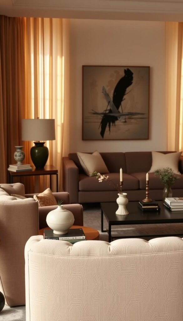 A tastefully curated living room, bathed in warm, golden light filtering through sheer curtains. In the foreground, a plush, tufted armchair and a wooden end table adorned with a graceful table lamp, a stack of artfully arranged books, and a delicate ceramic vase holding a single bloom. On the middle ground, a sleek, modern sofa flanked by a pair of minimalist side tables, each topped with a sculptural candlestick and a small potted plant. The background features a striking piece of abstract wall art, its muted tones complementing the room's refined color palette. The overall atmosphere exudes a sense of intentional, understated elegance.