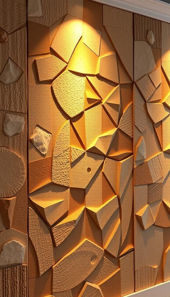 A textured accent wall with a striking geometric pattern, bathed in warm, directional lighting that casts soft shadows, creating depth and dimensionality. The wall features a mix of organic and angular shapes, with a subtle, earthy color palette blending classic and modern elements. The intricate textures add visual interest, ranging from rough, stucco-like finishes to smooth, polished surfaces. The geometric motifs are precisely arranged, creating a harmonious, balanced composition that draws the eye inward. The overall atmosphere evokes a sense of refined sophistication and timeless elegance, perfectly suited for a modern living space.