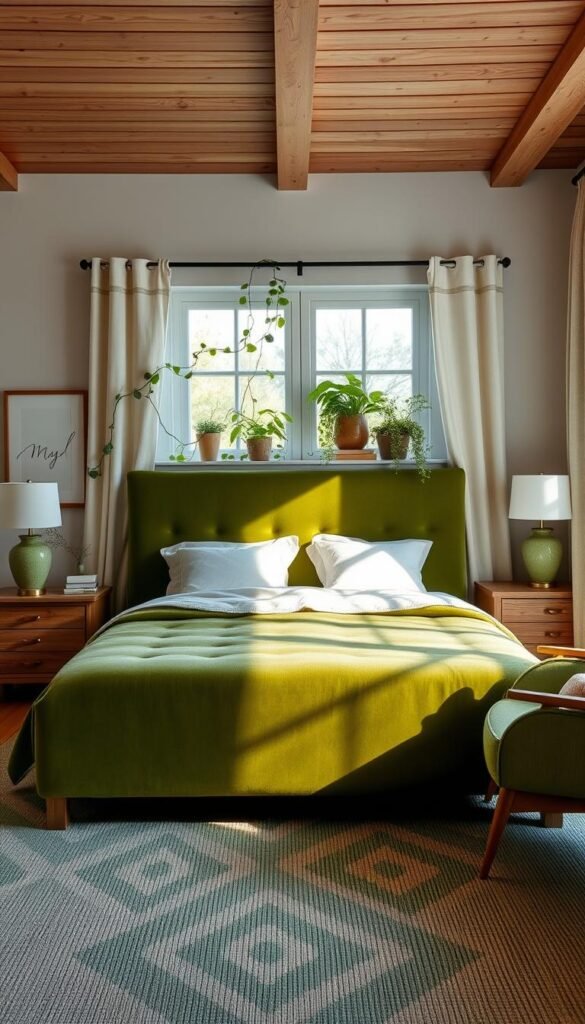 A tranquil and inviting guest bedroom with a soothing green color palette. A plush, earthy green velvet upholstered bed frame takes center stage, flanked by natural wood nightstands. Soft lighting from table lamps with linen shades casts a warm glow. Trailing vines and potted plants adorn the windowsill, bringing the outdoors in. Textured green and beige area rug grounds the space, complemented by linen curtains with subtle embroidered patterns. Wooden ceiling beams and whitewashed walls create a relaxing, serene ambiance. Minimalist artwork and a cozy armchair in the corner complete the inviting, nature-inspired design.