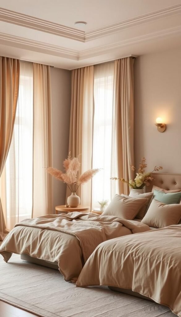 A tranquil and serene bedroom interior bathed in soft, muted hues. The color palette features a harmonious blend of earthy tones, such as warm beige, taupe, and dusty rose, interspersed with calming shades of sage green and pale blue. The lighting is gentle, with a combination of natural daylight filtering through sheer curtains and the ambient glow of subtle wall sconces. Textures like plush bedding, linen upholstery, and natural wood accents create a cozy and inviting atmosphere, perfect for a restful retreat. The composition emphasizes balance and symmetry, with a thoughtfully curated selection of decor elements that contribute to the overall sense of relaxation and serenity. A tranquil and serene bedroom interior bathed in soft, muted hues. The color palette features a harmonious blend of earthy tones, such as warm beige, taupe, and dusty rose, interspersed with calming shades of sage green and pale blue. The lighting is gentle, with a combination of natural daylight filtering through sheer curtains and the ambient glow of subtle wall sconces. Textures like plush bedding, linen upholstery, and natural wood accents create a cozy and inviting atmosphere, perfect for a restful retreat. The composition emphasizes balance and symmetry, with a thoughtfully curated selection of decor elements that contribute to the overall sense of relaxation and serenity.