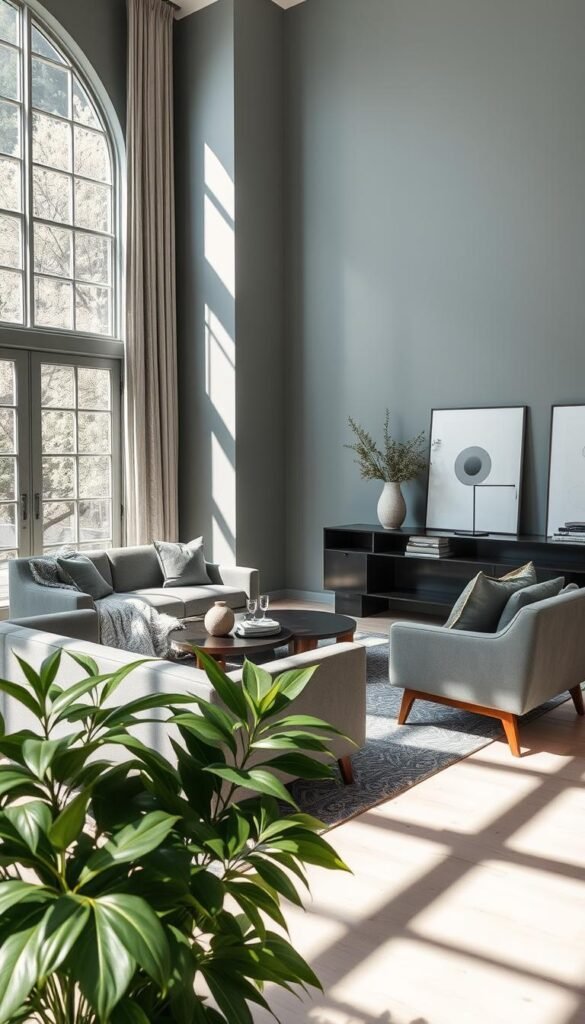 A tranquil and timeless living room with sophisticated gray-green wall treatments. Muted tones create a calming and serene atmosphere. Natural light filters through large windows, casting soft shadows across the space. Elegant mid-century modern furniture in shades of gray, accented by plush textiles and subtle metallic details. Lush greenery in the foreground adds a touch of nature, while the background features minimalist art and decor, reinforcing the sense of modern elegance. Overall, a harmonious blend of texture, color, and light, evoking a timeless and refined ambiance.