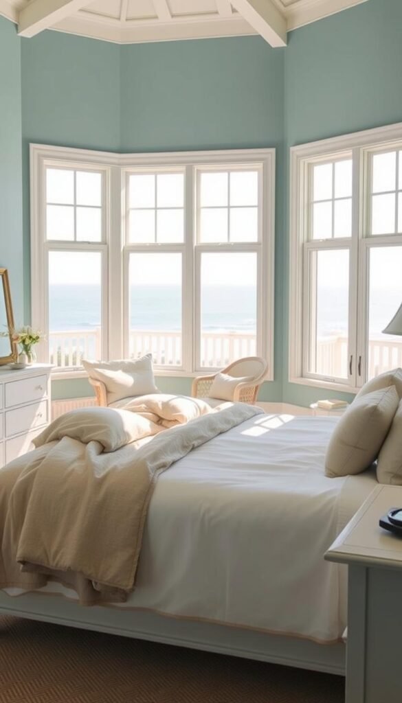 A tranquil coastal bedroom with a soft, serene color palette. The room is bathed in warm natural light, streaming in through large windows that overlook a picturesque ocean view. The walls are painted in a soothing shade of sea-glass blue, while the furniture features a mix of white and light wood tones. Plush, textured bedding in neutral hues, such as ivory and sandy beige, creates a cozy and inviting atmosphere. Subtle accents of soft greens, gentle blues, and natural tan tones throughout the room evoke a sense of relaxation and coastal living. The overall aesthetic is one of effortless, understated elegance, perfectly capturing the essence of a modern coastal bedroom. A tranquil coastal bedroom with a soft, serene color palette. The room is bathed in warm natural light, streaming in through large windows that overlook a picturesque ocean view. The walls are painted in a soothing shade of sea-glass blue, while the furniture features a mix of white and light wood tones. Plush, textured bedding in neutral hues, such as ivory and sandy beige, creates a cozy and inviting atmosphere. Subtle accents of soft greens, gentle blues, and natural tan tones throughout the room evoke a sense of relaxation and coastal living. The overall aesthetic is one of effortless, understated elegance, perfectly capturing the essence of a modern coastal bedroom.