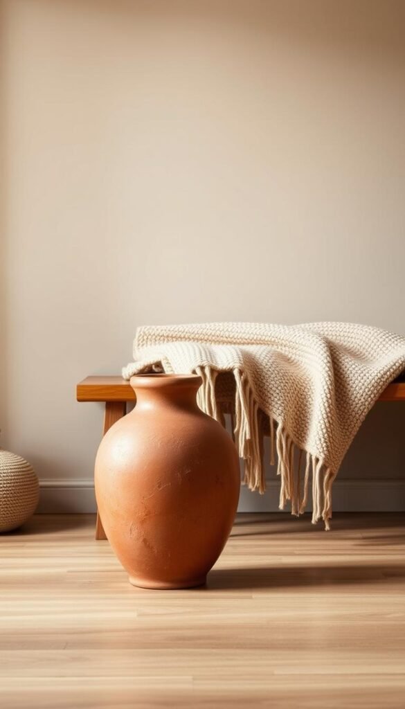 A tranquil, earthy color palette fills the frame, showcasing a harmonious blend of warm, natural tones. In the foreground, a rich, terracotta-hued ceramic vase stands, its organic shape and textured surface reflecting the rugged, yet refined aesthetic. In the middle ground, a plush, oatmeal-colored throw blanket drapes over a wooden bench, its soft, cozy texture inviting the viewer to sink in. The background features a neutral, taupe-colored wall, allowing the earthy accents to take center stage. Soft, diffused lighting casts a gentle, ambient glow, creating a calming, serene atmosphere. The overall composition exudes a sense of grounding, comfort, and a connection to the natural world.
