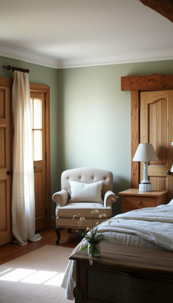 A tranquil farmhouse bedroom, bathed in soft, natural light. The walls feature a calming palette of muted greens and creams, complemented by warm wooden accents and textured linen fabrics. A vintage armchair sits invitingly in the corner, its neutral tones blending seamlessly with the overall color scheme. In the foreground, a delicate floral arrangement rests on a weathered wooden side table, adding a subtle touch of nature. The room exudes a sense of serene elegance, with a subtle play of light and shadow creating a cozy, inviting atmosphere.