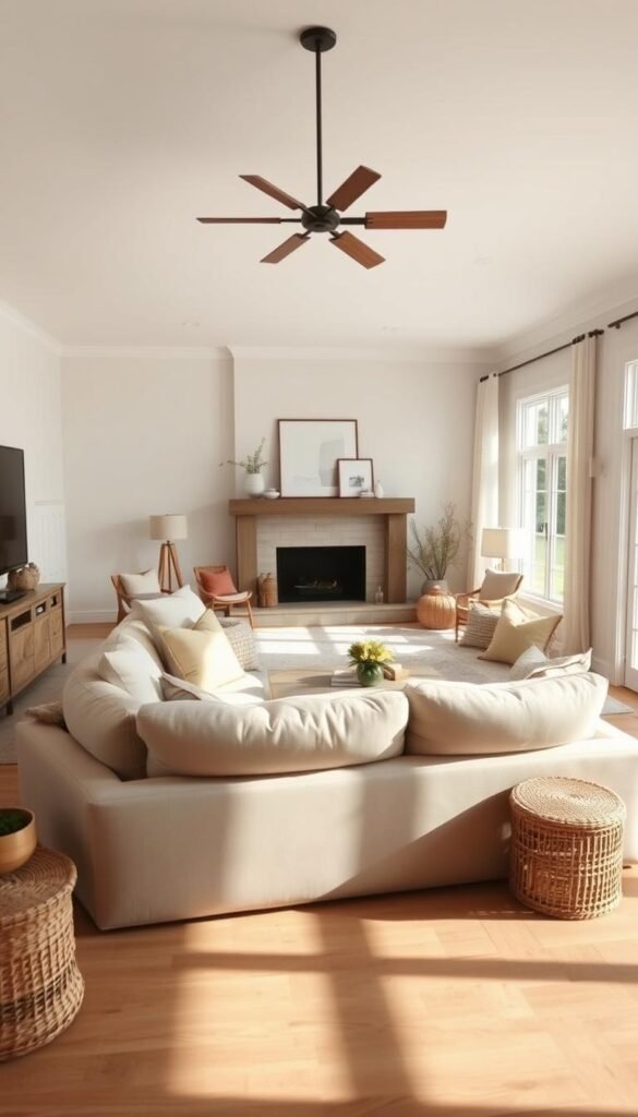 A tranquil living room with a harmonious neutral color palette. The focal point is a large, plush sofa in a soft beige hue, surrounded by natural wood accents and woven textiles. Ambient lighting from a rustic chandelier casts a warm glow, while large windows allow natural light to flood the space. In the background, a minimalist fireplace mantel displays a few artfully arranged decorative pieces. The overall atmosphere evokes a sense of calm and understated elegance, perfect for a cozy farmhouse-inspired space.