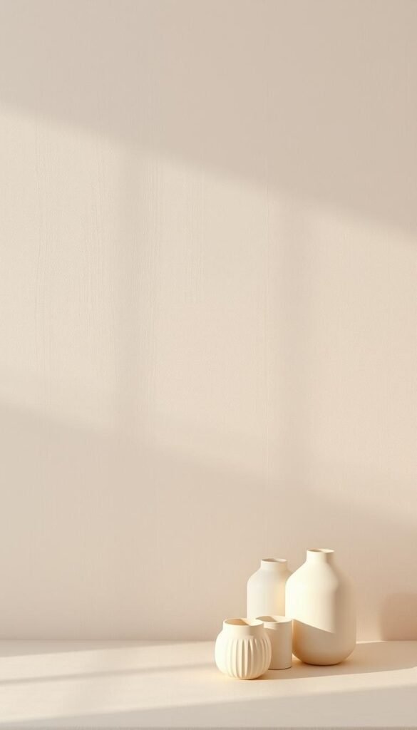 A tranquil, minimalist color palette with a textural, natural feel. A soft, muted background featuring earthy tones and organic patterns, such as woven fibers, subtle wood grain, or gentle brushstrokes. In the foreground, clean geometric shapes in a harmonious neutral color scheme, perhaps simple vases, candles, or other minimalist decor items. Soft, diffused lighting casts a warm, inviting glow, creating a serene and calming atmosphere. The overall composition should embody the core principles of modern minimal color design - simplicity, balance, and a connection to nature.