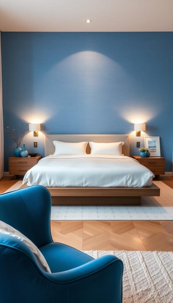 A tranquil modern bedroom with strategic blue color placement. A minimalist platform bed with crisp white linens is the centerpiece, framed by a soothing blue accent wall that casts a serene glow. Soft, diffused lighting from sconces highlights the textured blue wallpaper. In the foreground, a cozy blue armchair invites relaxation, while delicate blue vases and artwork on the side table add pops of color. The overall mood is one of calm and refreshment, perfect for a peaceful night's sleep.
