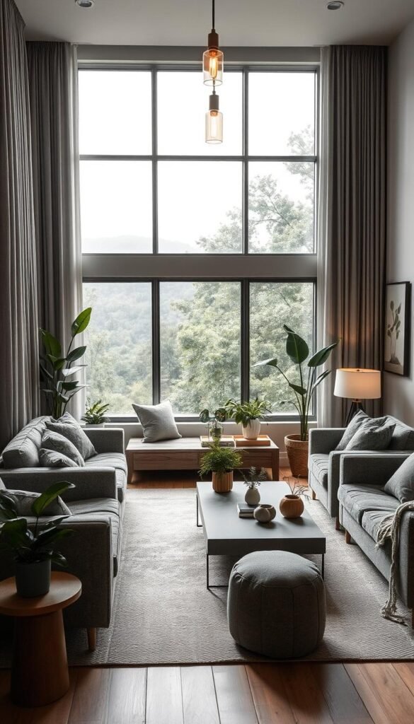 A tranquil, nature-inspired living room with a soothing gray color palette. A large window frames a serene outdoor landscape, allowing natural light to cascade over the space. Plush, textured gray sofas and armchairs create a cozy seating area, accented by wooden end tables and a minimalist gray coffee table. Potted plants and framed botanical artwork add organic touches, while a neutral area rug and soft gray curtains ground the scene. Warm pendant lighting above casts a gentle glow, fostering a sense of calm and timeless elegance.