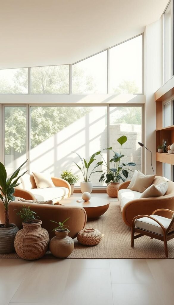 A tranquil organic modern living room with natural light streaming in through large windows. Smooth, curved furniture in warm wood tones and soft, muted fabrics create a harmonious, minimalist composition. Potted plants and textural natural elements like woven baskets and stone accents add an earthy, grounded feel. The room is bathed in a soft, diffused light, creating a calming, contemplative atmosphere. The overall design prioritizes clean lines, natural materials, and a connection to the outdoors, embodying the core principles of organic modern style.