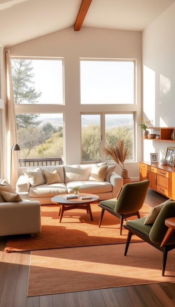 A tranquil, sun-dappled living room featuring a neutral color scheme with warm, earthy tones. The space is filled with natural light, streaming through large windows that frame a picturesque outdoor view. The focal point is a plush, cream-colored sofa, accented by soft textiles in shades of beige and taupe. Complementing the sofa, a pair of mid-century modern armchairs in a muted olive green provide additional seating. The room's layout is balanced and inviting, with a low, wooden coffee table and a minimalist, clay-toned area rug grounding the space. Warm wooden accents, such as a sideboard and floating shelves, add depth and texture to the neutral palette. The overall atmosphere is one of serene elegance, perfectly capturing the essence of a timeless, mid-century modern living room.