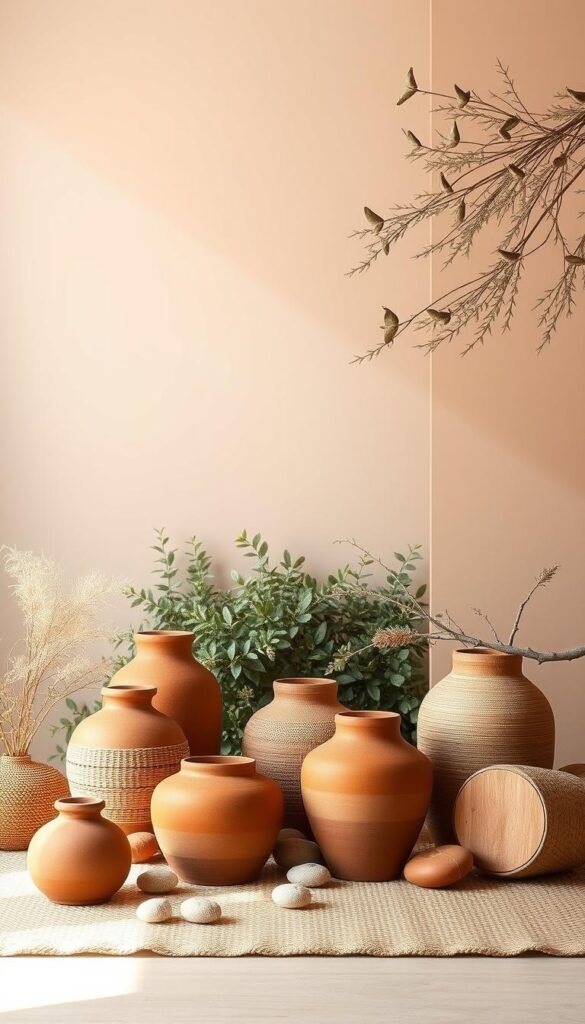 A tranquil tableau of earthy hues, showcasing a curated selection of natural color tones against a softly lit, muted backdrop. In the foreground, an artfully arranged display of terracotta, ochre, and warm amber shades in the form of ceramic vessels, woven textiles, and smooth river stones. The middle ground features a lush, verdant backdrop of muted olive greens and sage, complemented by the gentle interplay of light and shadow. In the distance, a subtle gradient of dusty rose, rich cognac, and deep sienna tones creates a serene, grounding atmosphere, inviting the viewer to imagine the soothing ambiance of an earthy, nature-inspired interior. A tranquil tableau of earthy hues, showcasing a curated selection of natural color tones against a softly lit, muted backdrop. In the foreground, an artfully arranged display of terracotta, ochre, and warm amber shades in the form of ceramic vessels, woven textiles, and smooth river stones. The middle ground features a lush, verdant backdrop of muted olive greens and sage, complemented by the gentle interplay of light and shadow. In the distance, a subtle gradient of dusty rose, rich cognac, and deep sienna tones creates a serene, grounding atmosphere, inviting the viewer to imagine the soothing ambiance of an earthy, nature-inspired interior.