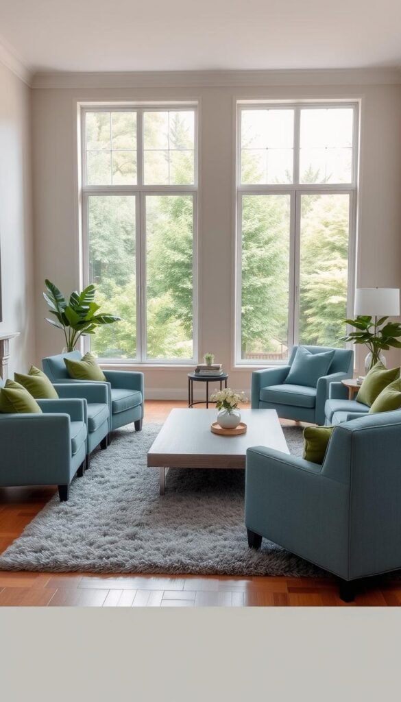 A tranquil, well-lit living room with a soft, muted color palette. In the foreground, a serene arrangement of plush, azure blue armchairs and a matching loveseat, their cushions complemented by verdant green accent pillows. The middle ground features a large, rectangular coffee table with a smooth, gray-toned wood surface, surrounded by a fluffy, gray area rug that extends across the hardwood floor. In the background, tall windows let in natural light, casting a warm, diffused glow throughout the space, and revealing a picturesque view of lush, verdant greenery outside. The overall atmosphere is one of calming sophistication and harmonious balance.