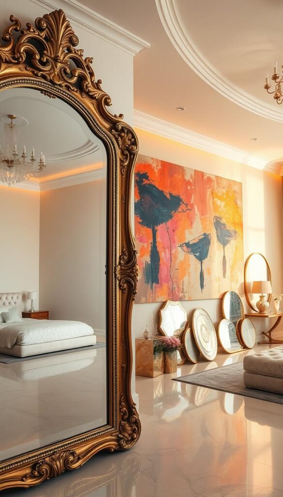 A vast, ethereal bedroom scene bathed in warm, diffused lighting. In the foreground, a grand, ornate mirror reflects the space, its surface rippling with intricate gilded details. Beside it, a captivating large-scale abstract artwork in vivid hues commands attention, its brushstrokes and textures creating a mesmerizing visual experience. The middle ground features additional mirrors of various shapes and sizes, their reflective surfaces amplifying the sense of depth and grandeur. In the background, a serene, pastel-tinted wall provides a harmonious backdrop, accentuating the overall tranquil and luxurious atmosphere.
