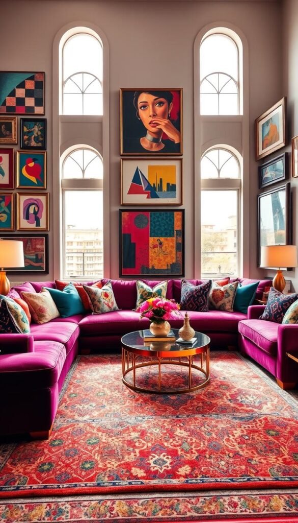 A vibrant and maximalist living room design, awash in a bold, kaleidoscopic palette of rich jewel tones. The foreground features a plush, oversized sectional sofa adorned with a mix of patterned throw pillows in clashing yet harmonious hues. Adorning the walls, an eclectic gallery wall showcases abstract artwork in a variety of frames, creating a dynamic visual tapestry. In the middle ground, a shimmering, brass-finished coffee table is flanked by matching end tables, each topped with sculptural lamps emitting a warm, ambient glow. Underfoot, a large, intricate area rug in a striking geometric design grounds the space. Tall, arched windows flood the room with natural light, casting a soft, diffused illumination and accentuating the vibrant color scheme. Overall, the scene exudes a sense of bold, unapologetic luxury and creative flair.