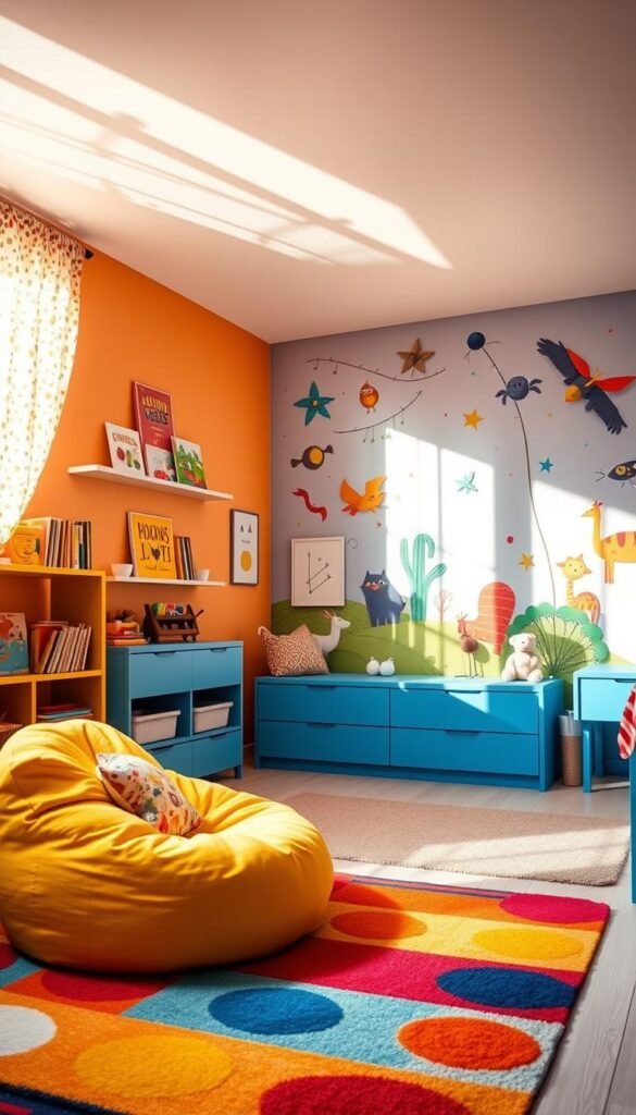 A vibrant and whimsical kids' bedroom, bathed in a playful palette of bold primary colors. In the foreground, a cozy reading nook features a plush, multicolored rug and a beanbag chair in a cheerful shade of yellow. Floating shelves display a collection of children's books and quirky, handmade toys. The middle ground showcases a large, low-profile dresser in a vivid blue, complemented by a matching nightstand. The background reveals a feature wall adorned with a colorful mural, depicting a fantastical scene with flying animals and magical creatures. Warm, natural lighting filters through sheer, patterned curtains, creating a warm and inviting atmosphere. The overall design exudes a sense of unbridled imagination and creativity, perfectly suited for a child's sanctuary.