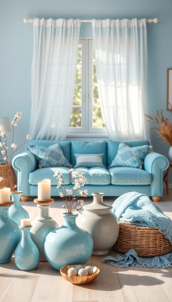 A vibrant blue and white color palette, with soft natural lighting and a serene, airy atmosphere. In the foreground, a collection of decorative items like vases, candles, and textiles in shades of blue and white, artfully arranged on a light wood surface. In the middle ground, a large, plush light blue sofa with patterned throw pillows, positioned in front of a whitewashed wall. In the background, a window with flowing white curtains, allowing gentle sunlight to filter in, creating a warm, summery ambiance. The overall composition evokes a sense of tranquility and relaxation, perfectly suited for a light blue-themed living room decor.