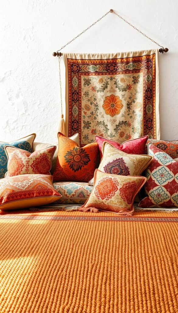A vibrant collection of Mediterranean textiles and patterns, capturing the essence of sun-drenched living rooms. In the foreground, a plush woven rug in warm terracotta hues, its intricate geometric designs evoking the region's architectural motifs. Framing the rug, an array of richly textured cushions adorned with paisley, ikat, and tile-inspired patterns in a harmonious palette of ochres, blues, and saffrons. In the middle ground, a hand-embroidered tapestry cascades from a wrought-iron curtain rod, its intricate floral motifs dancing in the soft, natural lighting. The background features a whitewashed wall, textured with the subtle brushstrokes of traditional plaster, creating a serene and inviting backdrop for these captivating Mediterranean textiles. A vibrant collection of Mediterranean textiles and patterns, capturing the essence of sun-drenched living rooms. In the foreground, a plush woven rug in warm terracotta hues, its intricate geometric designs evoking the region's architectural motifs. Framing the rug, an array of richly textured cushions adorned with paisley, ikat, and tile-inspired patterns in a harmonious palette of ochres, blues, and saffrons. In the middle ground, a hand-embroidered tapestry cascades from a wrought-iron curtain rod, its intricate floral motifs dancing in the soft, natural lighting. The background features a whitewashed wall, textured with the subtle brushstrokes of traditional plaster, creating a serene and inviting backdrop for these captivating Mediterranean textiles.