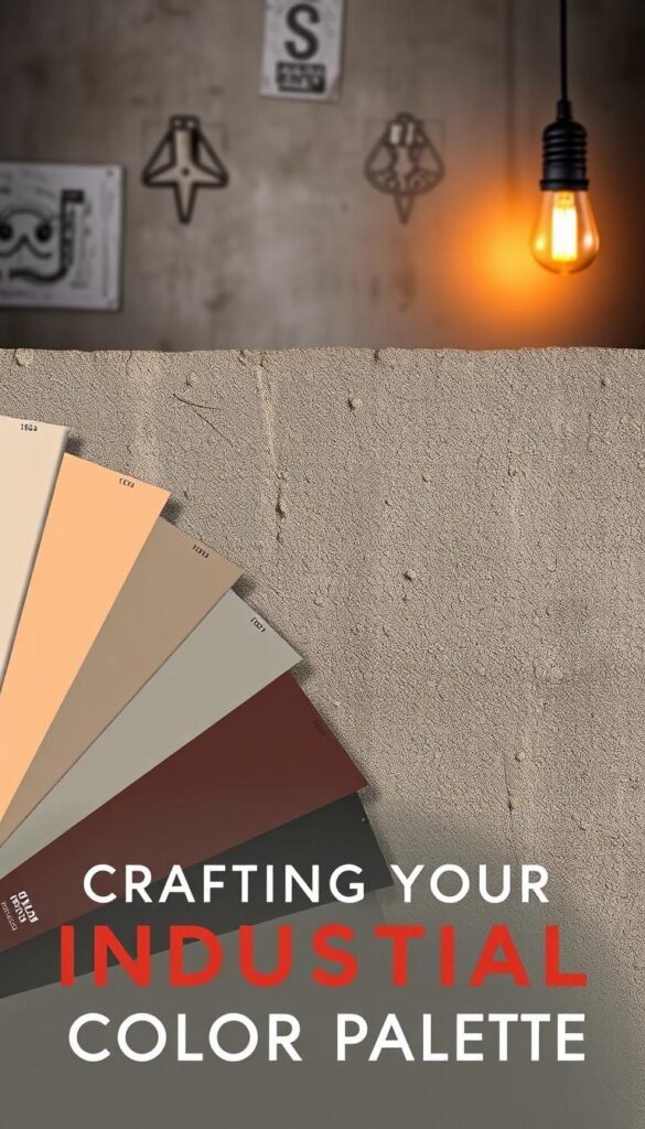 A vibrant industrial color palette design, showcasing a harmonious blend of muted tones and metallic accents. In the foreground, a sleek and geometric arrangement of paint swatches, each hue carefully selected to evoke the essence of modern industrial living. The middle ground features a textured, weathered surface, evoking the rugged charm of urban spaces. In the background, a subtle interplay of shadows and highlights creates a sense of depth and dimension, as if the design is illuminated by warm, industrial-inspired lighting. The overall composition exudes a balanced, contemporary, and visually striking aesthetic, perfectly suited to inspire the "Crafting Your Industrial Color Palette" section of the article.