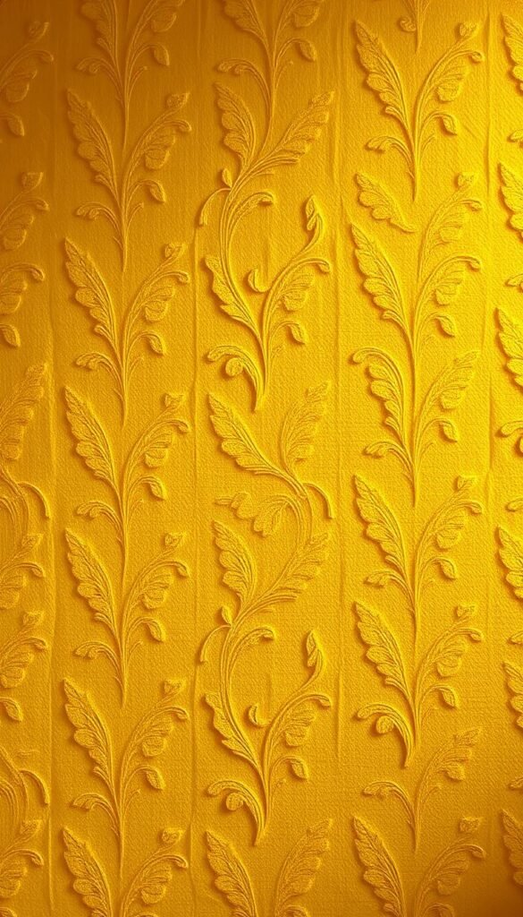 A vibrant, textured yellow wallpaper with an elegant repeating pattern of delicate botanical motifs. The design features soft, organic shapes and subtle variations in shades of golden yellow, creating a sense of depth and movement. The wallpaper is bathed in warm, diffused lighting, casting gentle shadows that accentuate the intricate details. The composition fills the frame, with the pattern dominating the foreground and middle ground, creating a visually captivating and inviting atmosphere. This wallpaper would add a cheerful, sophisticated touch to any living space, perfectly complementing a bright, happy decor.