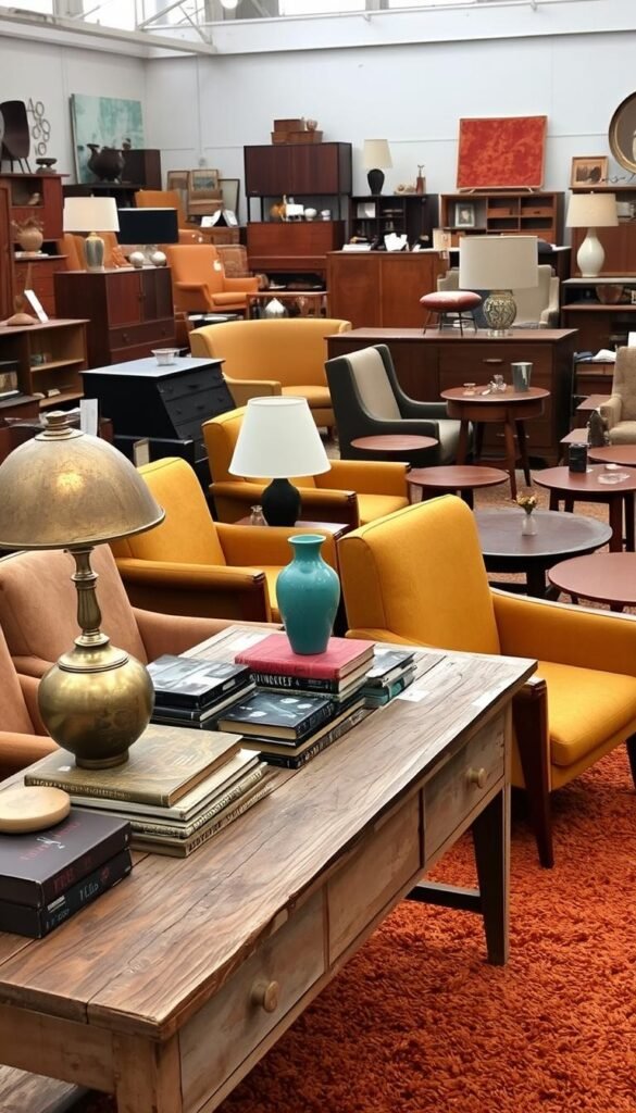 A vintage flea market, overflowing with a curated collection of mid-century modern furniture and decor. In the foreground, a weathered wooden table displays an assortment of eclectic finds - a tarnished brass lamp, a turquoise ceramic vase, and a stack of well-loved books. Surrounding the table, an array of armchairs and side tables in rich hues of mustard, olive, and taupe, each bearing the marks of a storied past. The middle ground reveals glimpses of other unique pieces - a sleek, teak credenza, a sculptural floor lamp, and a shag rug in a vibrant shade of burnt orange. The background is softly lit, creating a warm, inviting atmosphere, as if beckoning the viewer to explore and uncover the hidden treasures within this timeless flea market scene. A vintage flea market, overflowing with a curated collection of mid-century modern furniture and decor. In the foreground, a weathered wooden table displays an assortment of eclectic finds - a tarnished brass lamp, a turquoise ceramic vase, and a stack of well-loved books. Surrounding the table, an array of armchairs and side tables in rich hues of mustard, olive, and taupe, each bearing the marks of a storied past. The middle ground reveals glimpses of other unique pieces - a sleek, teak credenza, a sculptural floor lamp, and a shag rug in a vibrant shade of burnt orange. The background is softly lit, creating a warm, inviting atmosphere, as if beckoning the viewer to explore and uncover the hidden treasures within this timeless flea market scene.