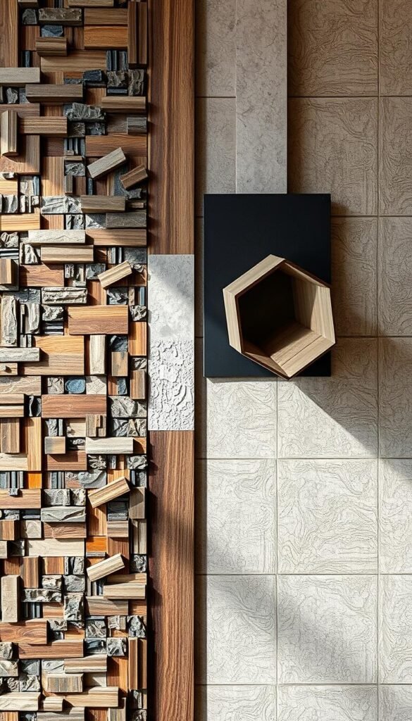 A visually striking mixed media wall paneling, featuring a combination of textured materials and unexpected elements. The foreground showcases a textured surface with a mosaic-like pattern, integrating natural wood, muted metallics, and hints of vibrant color. In the middle ground, abstract geometric forms in varying finishes create depth and visual interest, casting dynamic shadows. The background layer is a subtly patterned surface, with a soft, atmospheric lighting that enhances the tactile quality of the materials. The overall composition evokes a sense of modern sophistication and innovative design, capturing the essence of "Innovative Materials and Mixed Media Approaches" in interior decor.