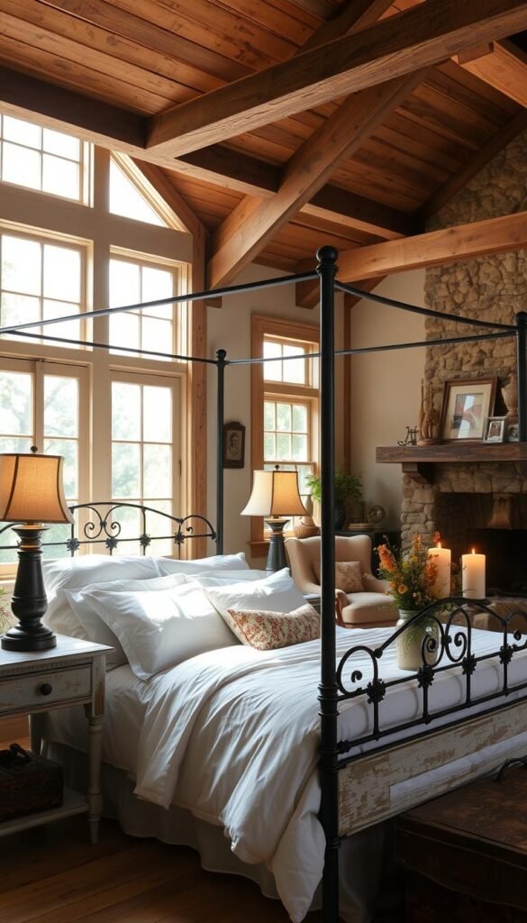 A warm and cozy farmhouse bedroom filled with natural light streaming through large windows, casting a soft glow on the wood-beamed ceiling and rustic furniture. In the foreground, a wrought-iron canopy bed is adorned with crisp white linens and piles of plush pillows. A pair of vintage-inspired lamps with cloth shades flank the bed, their amber-toned bulbs illuminating the space. On the distressed wood side tables, flickering candles and a vase of fresh wildflowers add to the inviting ambiance. The mid-ground features an antique dresser and armchair, while the background showcases a stone fireplace with a mantel adorned with weathered frames and greenery. The overall mood is one of relaxed elegance and rustic charm.