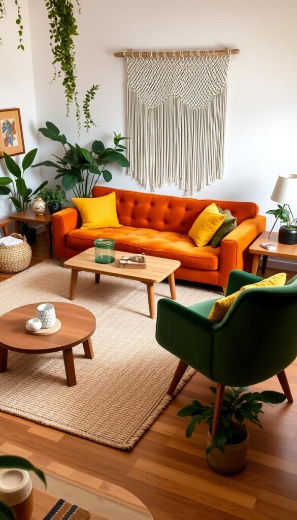 A warm and inviting boho-inspired living room with an earthy color palette. The focal point is a plush, tufted sofa in a rich, terracotta hue, accented by throw pillows in ochre, mustard, and olive tones. A large, woven area rug in neutral shades of beige and tan grounds the space. Wooden side tables and a coffee table add natural, rustic elements, while a mid-century modern armchair in a deep green velvet provides a pop of color. Lush, trailing plants and a macrame wall hanging create a cozy, bohemian ambiance. The lighting is soft and diffused, creating a gentle, atmospheric glow throughout the room.