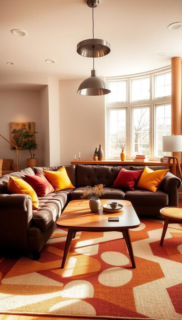 A warm and inviting brown living room, bathed in natural light streaming through large windows. In the foreground, a plush, tufted sofa in a rich chocolate hue, accented with vibrant throw pillows in shades of mustard yellow, burnt orange, and deep burgundy. A mid-century modern coffee table anchors the space, its wooden top complementing the brown tones. In the middle ground, a large area rug in a geometric pattern, blending earthy tones of beige, taupe, and cinnamon. The walls feature a soothing neutral palette, allowing the color accents to take center stage. Recessed lighting casts a soft, cozy glow, while a statement pendant lamp hangs overhead, its metallic finish adding a touch of elegance. The overall atmosphere is one of warmth, comfort, and balanced sophistication.