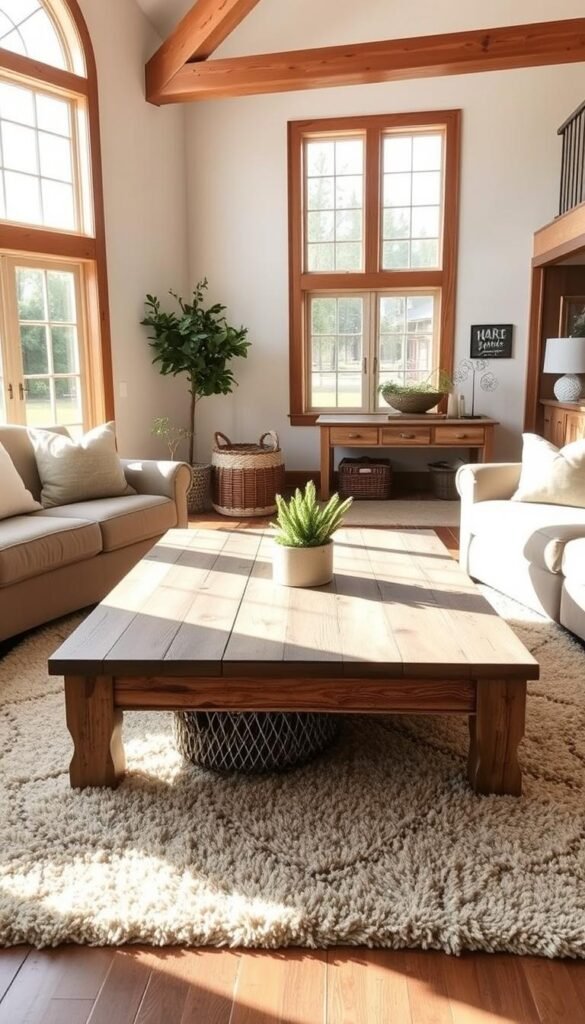 A warm and inviting farmhouse living room with a rustic wooden coffee table as the focal point. The table is made of weathered, light-colored wood, with a simple and elegant design. It sits atop a plush, neutral-toned area rug, surrounded by comfy, overstuffed sofas and armchairs upholstered in soft fabrics. Sunlight streams in through large windows, casting a natural glow and creating a cozy, relaxed atmosphere. Touches of greenery and natural elements, such as woven baskets and a wooden side table, add to the organic, earthy feel. The overall scene exudes a sense of comfort and timeless style, perfectly complementing the modern farmhouse aesthetic.
