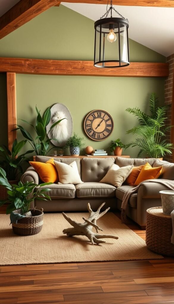 A warm and inviting living room in a cozy cottagecore style, bathed in soft, earthy tones. The walls are painted in a muted sage green, complemented by natural wooden beams and exposed brick accents. Plush, textured throw pillows in muted ochre, terracotta, and warm neutrals adorn a deep, tufted sofa, creating a welcoming and comfortable seating area. The hardwood floors are covered with a vintage-inspired, woven area rug in shades of amber and khaki. Lush, potted plants and organic, natural elements, such as driftwood or woven baskets, accent the space, blending the outdoors with the indoors. Soft, diffused lighting from a rustic, pendant fixture casts a cozy glow, enhancing the overall tranquil and serene atmosphere.