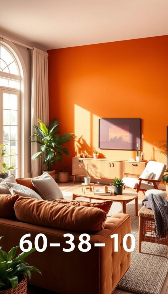 A warm and inviting living room with a balanced 60-30-10 color scheme. In the foreground, a cozy sofa in a rich, earthy tone occupies the central focus, complemented by plush textiles and throws in muted neutrals. The middle ground features a mid-century modern coffee table and armchair in a complementary hue, surrounded by potted greenery and natural textures. The background showcases a statement wall in a vibrant, saturated accent color, creating a bold and visually striking contrast. Soft, diffused lighting filters through large windows, casting a golden glow and enhancing the overall sense of comfort and harmony.