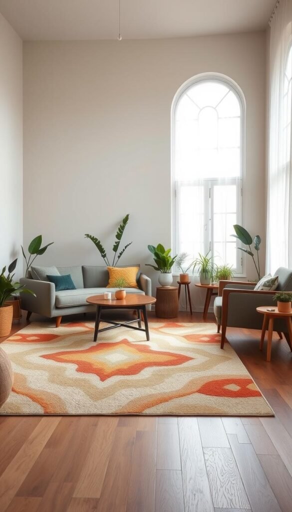 A warm and inviting living room with a natural statement rug as the focal point. The rug features an earthy, organic pattern with hues of ochre, terracotta, and sage green, harmonizing with the room's neutral color palette. Soft, diffused lighting from a large window casts a gentle glow, creating a cozy and grounded atmosphere. The rug is positioned atop a subtly textured hardwood floor, complemented by a mid-century modern sofa and armchair in complementary tones. Potted plants and natural accents throughout the space add to the overall sense of tranquility and connectedness to nature. A warm and inviting living room with a natural statement rug as the focal point. The rug features an earthy, organic pattern with hues of ochre, terracotta, and sage green, harmonizing with the room's neutral color palette. Soft, diffused lighting from a large window casts a gentle glow, creating a cozy and grounded atmosphere. The rug is positioned atop a subtly textured hardwood floor, complemented by a mid-century modern sofa and armchair in complementary tones. Potted plants and natural accents throughout the space add to the overall sense of tranquility and connectedness to nature.