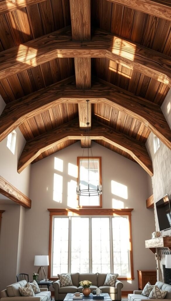 A warm and rustic living room interior with prominent reclaimed wood ceiling beams. The beams are weathered and distressed, casting intricate shadows across the space. The room is bathed in soft, natural lighting from large windows, highlighting the texture and character of the wood. The beams create a focal point, drawing the eye upwards and lending a cozy, cabin-like ambiance. The overall mood is one of inviting comfort and a refined, modern country aesthetic.