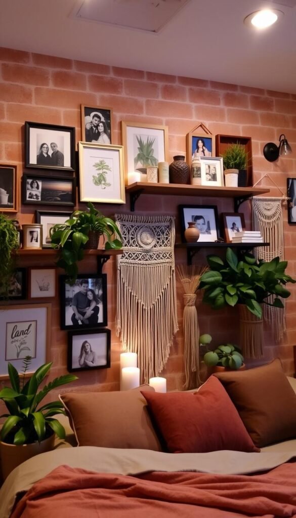 A warm, cozy bedroom wall adorned with personalized decor elements. In the foreground, an assortment of framed family photos, artwork, and decorative shelves showcase cherished memories and personal style. The middle ground features a mix of lush greenery, scented candles, and soft textile accents like woven tapestries or macrame hangings, creating a soothing, naturalistic ambiance. The background subtly blends earthy tones and textures, such as exposed brick or wood paneling, to complement the overall rustic-chic aesthetic. Gentle, diffused lighting from wall sconces and recessed fixtures casts a glowing, intimate atmosphere, inviting relaxation and self-expression.