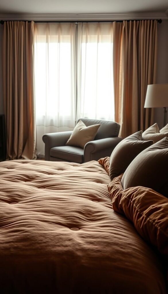 A warm, cozy bedroom with inviting textured bedding and luxurious throw pillows. The scene is bathed in soft, diffused lighting, creating a calming, intimate atmosphere. In the foreground, a plush, velvety comforter in a deep, earthy tone cascades across the bed, its surface textured with subtle patterns. Accent pillows in complementary hues and fabrics, such as linen and chenille, add depth and visual interest. In the middle ground, a large, overstuffed armchair upholstered in a supple, textured fabric beckons for relaxation. Delicate sheer curtains frame the windows, softening the light and infusing the space with a sense of comfort and seclusion. The overall mood is one of refined, masculine elegance, balancing boldness and minimalism.