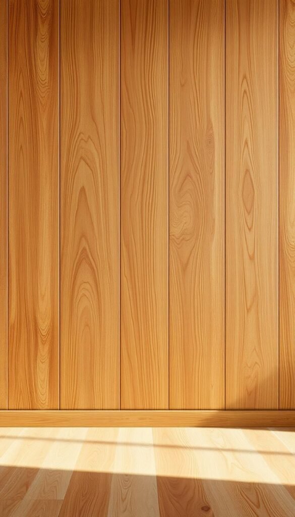 A warm, cozy wood panel wallpaper with natural grains and tones fills the frame. The woodgrain pattern has a soft, inviting texture that catches the gentle light, creating a sense of depth and tactile elegance. In the foreground, the wood panels have a rich, honey-like hue, while the middle ground features a variety of tones ranging from deep auburn to pale, golden accents. The background subtly fades into a soft, muted tone, allowing the intricate wood details to take center stage. The overall composition exudes a sense of rustic sophistication and enveloping comfort, perfect for a luxurious modern living room.