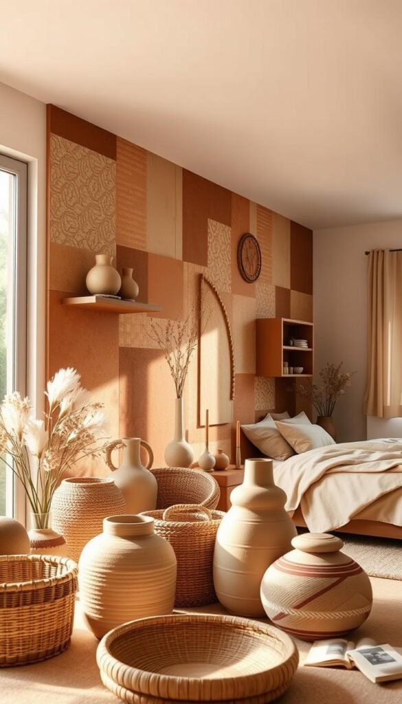 A warm, earthy accent wall in a cozy bedroom, bathed in soft, natural lighting from a large window. The wall features a thoughtful arrangement of textured patterns and organic shapes in muted tones of terracotta, ochre, and sage, creating a focal point that invites relaxation. The foreground showcases a mix of natural materials, such as woven baskets, ceramic vases, and wooden shelves, complementing the wall's design. In the background, a glimpse of a minimal, minimalist bed and soft textiles in complementary hues, exuding a sense of tranquility and balance.