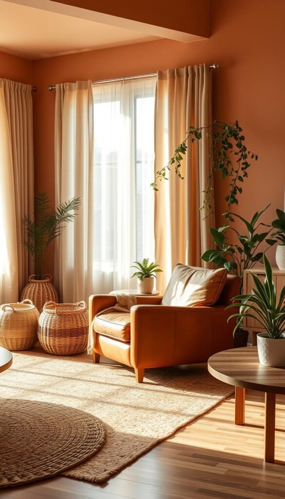 A warm, earthy color palette spread across a harmonious living room scene. Soft, muted tones of terracotta, ocher, and sage create a grounded, inviting atmosphere. Sunlight filters through sheer curtains, casting a gentle glow on natural textures - woven baskets, a plush area rug, and wooden furnishings. In the foreground, a pair of overstuffed armchairs in a rich caramel leather invite relaxation. Trailing vines and potted plants add lush, organic accents, rooting the space in nature. This serene, nature-inspired palette forms a solid foundation for a cozy, comfortable modern living room design. A warm, earthy color palette spread across a harmonious living room scene. Soft, muted tones of terracotta, ocher, and sage create a grounded, inviting atmosphere. Sunlight filters through sheer curtains, casting a gentle glow on natural textures - woven baskets, a plush area rug, and wooden furnishings. In the foreground, a pair of overstuffed armchairs in a rich caramel leather invite relaxation. Trailing vines and potted plants add lush, organic accents, rooting the space in nature. This serene, nature-inspired palette forms a solid foundation for a cozy, comfortable modern living room design.