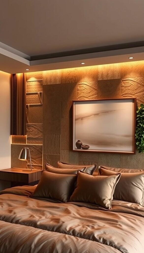 A warm, earthy-toned bedroom with a stunning accent wall featuring a mix of natural textures and geometric patterns. The wall is illuminated by soft, diffused lighting, casting a cozy glow throughout the space. In the foreground, a plush, inviting bed with lush bedding in complementary hues. In the middle ground, a large, framed piece of abstract art that echoes the patterns and colors of the accent wall. The background features a tranquil, nature-inspired scene, perhaps a muted landscape or a wall of verdant plants, adding to the calming, serene atmosphere.