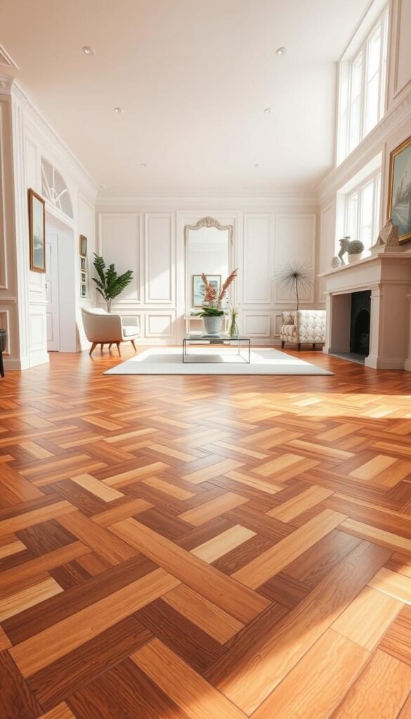 A warm, high-resolution image of a modern French living room interior, featuring beautiful parquet flooring in an intricate herringbone pattern. The flooring is made of rich, honey-toned hardwood, reflecting the soft, diffused lighting from large windows. The pattern creates a sense of elegant, timeless sophistication, complementing the room's neutral color palette and minimalist furnishings. The image is captured from a low angle, emphasizing the striking geometric design of the parquet and drawing the viewer's eye towards the graceful, herringbone motif.