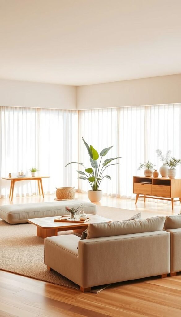 A warm, inviting Japandi-style living room with a multi-functional layout. In the foreground, a plush, beige sectional sofa with clean lines and natural wood accents, complemented by a low, rectangular coffee table with a minimalist design. In the middle ground, a large, potted plant casts soft, diffused light throughout the space, while a wooden console table against the wall displays decorative items and plants. The background features a large, floor-to-ceiling window that lets in abundant natural light, framed by simple, sheer curtains. The overall atmosphere is one of calm, tranquility, and subtle sophistication, reflecting the harmonious blend of Japanese and Scandinavian design principles.