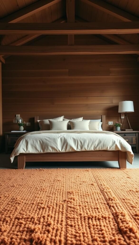 A warm, inviting bedroom with a cozy, earth-toned color palette. In the foreground, a plush, textured rug in muted shades of ochre and terracotta anchors the space. The middle ground features a low, wooden bedframe with a thick, linen duvet in a soft beige hue, complemented by matching throw pillows. The background showcases natural wooden ceiling beams and walls in a soothing, earthy tone, creating a harmonious and tranquil atmosphere. Gentle, diffused lighting from sconces and a bedside lamp casts a gentle glow, evoking a sense of comfort and relaxation. The overall scene exudes a rustic, yet refined elegance, perfectly capturing the essence of an "Earthy Cozy Bedroom."