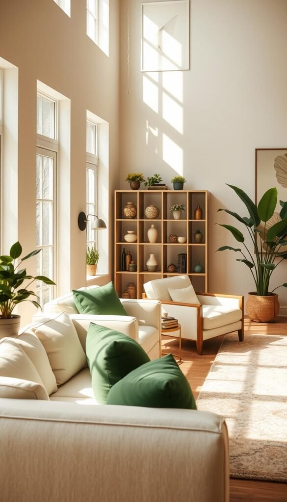 A warm, inviting cream-colored living room with lush greenery accents. Sunlight streams through large windows, casting a soft, natural glow. In the foreground, a plush cream-colored sofa is adorned with green throw pillows and a potted plant on a sleek, wooden side table. In the middle ground, a cream-colored armchair sits next to a floor-to-ceiling bookshelf filled with natural elements like vases and framed botanical prints. The background features a large, cream-colored rug and a statement piece of art on the wall, complemented by additional greenery in the form of a tall, leafy plant. The overall atmosphere is one of relaxation, tranquility, and a touch of elegance.