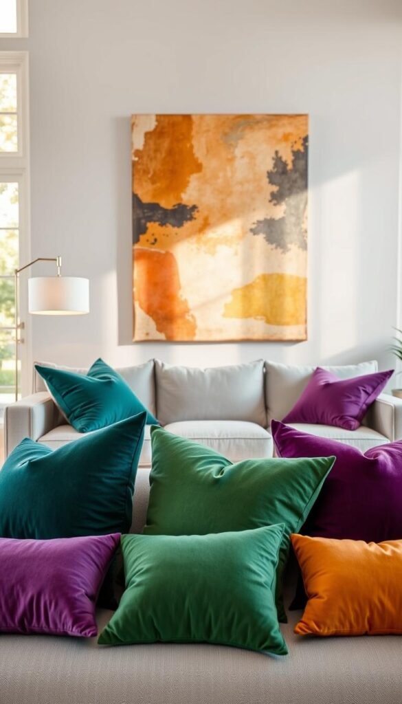 A warm, inviting living room featuring a plush, light gray sofa as the focal point. In the foreground, an artfully arranged display of vibrant throw pillows in a mix of jewel-toned hues - emerald, sapphire, and amethyst - creates a harmonious color palette. The middle ground showcases a pair of contemporary floor lamps with sleek, metal frames and soft, diffused lighting, illuminating the space. In the background, a large, abstract wall art piece in shades of ochre, rust, and touches of gold adds depth and texture to the room. Soft, natural light filters in through large windows, casting a gentle glow and creating a serene, relaxing atmosphere.