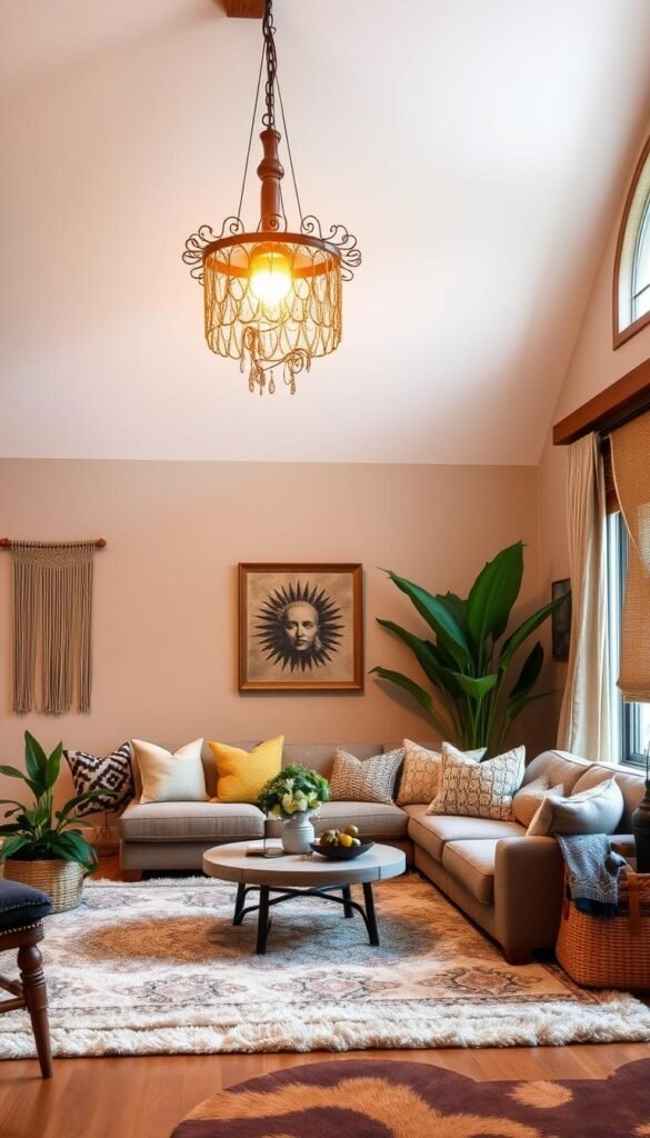 A warm, inviting living room with a captivating statement lighting fixture hanging elegantly from the high ceiling. The light casts a soft, golden glow, illuminating the room's cozy, bohemian atmosphere. The fixture features intricate metalwork in an organic, sculptural design, complementing the natural textures and earthy tones of the space. A large, plush area rug grounds the seating arrangement, while lush potted plants and woven accents add to the room's soothing, relaxed ambiance. The lighting creates a focal point, drawing the eye upward and enhancing the overall sense of depth and dimension within the space.