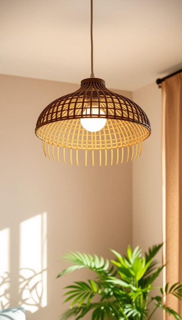 A warm, natural-toned rattan pendant light gently illuminates a cozy, earthy-hued bedroom interior. Soft, diffused lighting casts a glowing ambiance, highlighting the organic textures and neutral color palette. Woven rattan casts intricate shadows, creating a serene and inviting atmosphere. The pendant is suspended from an airy, minimalist ceiling, blending seamlessly with the relaxed, minimalist decor. Lush, verdant houseplants in the background add a touch of lively greenery, complementing the earthy, rustic aesthetic. This harmonious scene evokes a sense of calm and comfort, perfect for a tranquil bedroom retreat. A warm, natural-toned rattan pendant light gently illuminates a cozy, earthy-hued bedroom interior. Soft, diffused lighting casts a glowing ambiance, highlighting the organic textures and neutral color palette. Woven rattan casts intricate shadows, creating a serene and inviting atmosphere. The pendant is suspended from an airy, minimalist ceiling, blending seamlessly with the relaxed, minimalist decor. Lush, verdant houseplants in the background add a touch of lively greenery, complementing the earthy, rustic aesthetic. This harmonious scene evokes a sense of calm and comfort, perfect for a tranquil bedroom retreat.