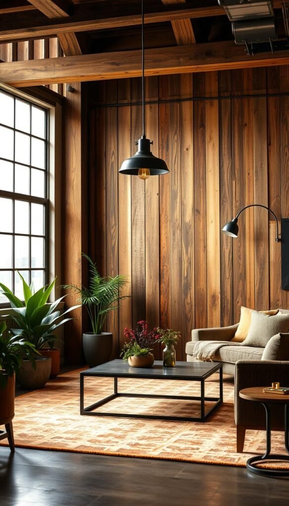 A warm, rustic industrial living room with weathered wood paneling and exposed beams. Sleek metal accents like a salvaged factory light fixture and a steel-framed coffee table bring contrast. Lush potted greenery softens the edges, while a large area rug in earthy tones grounds the space. Mellow lighting from a mix of natural and tungsten sources casts a cozy, inviting glow. The scene evokes a blend of vintage charm and modern minimalism, perfect for an urban loft or renovated warehouse.