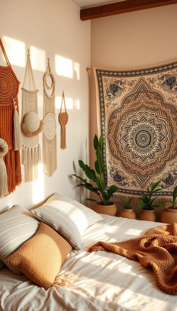 A warm, softly lit bedroom with textured wall hangings and tapestries that create a cozy, inviting atmosphere. The foreground features an assortment of woven, macramé, and hand-knotted wall hangings in earthy tones of beige, terracotta, and olive, arranged in a harmonious, layered display. The middle ground showcases a large, intricately patterned tapestry with a boho-inspired design, casting gentle shadows on the neutral-colored walls. In the background, a mix of potted plants and natural decor elements add depth and a sense of tranquility to the space, illuminated by soft, diffused lighting that enhances the textures and colors throughout.