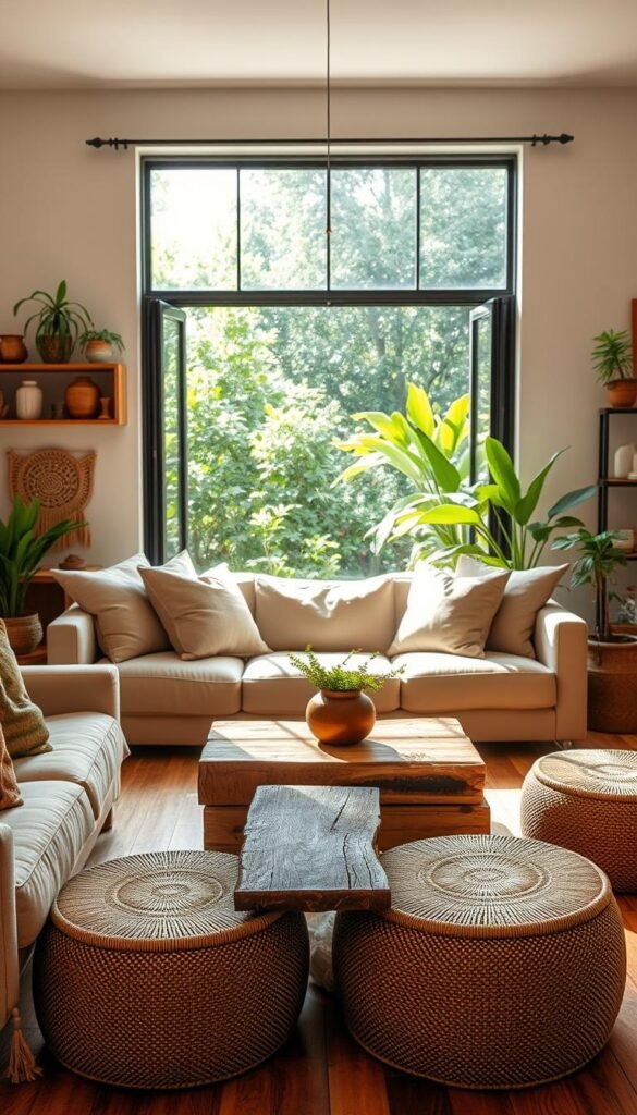 A warm, sunlit living room with natural, sustainable materials. In the foreground, a plush, earthy-toned couch upholstered in organic linen, accented by throw pillows in muted tones. On the middle ground, a low coffee table crafted from reclaimed wood, surrounded by rattan ottomans. The background features a large window overlooking a lush, verdant garden, allowing ample natural light to filter in. Warm wooden flooring and shelves displaying potted plants and artisanal decor pieces complete the tranquil, eco-conscious atmosphere. Soft, diffused lighting and a neutral color palette evoke a sense of calm and harmony.